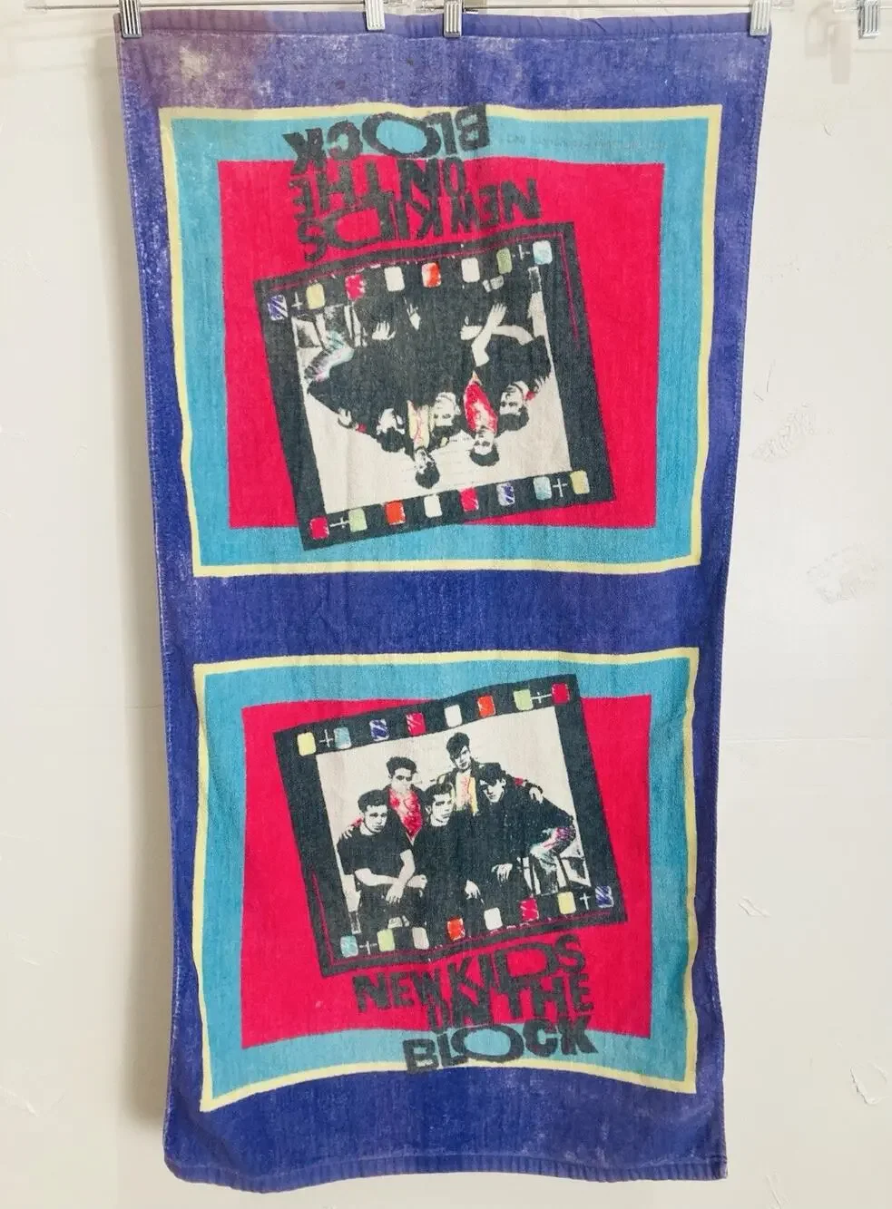 Vintage New Kids On The Block Beach Towel Retro 1990 Purple 46”X24” Magenta Teal